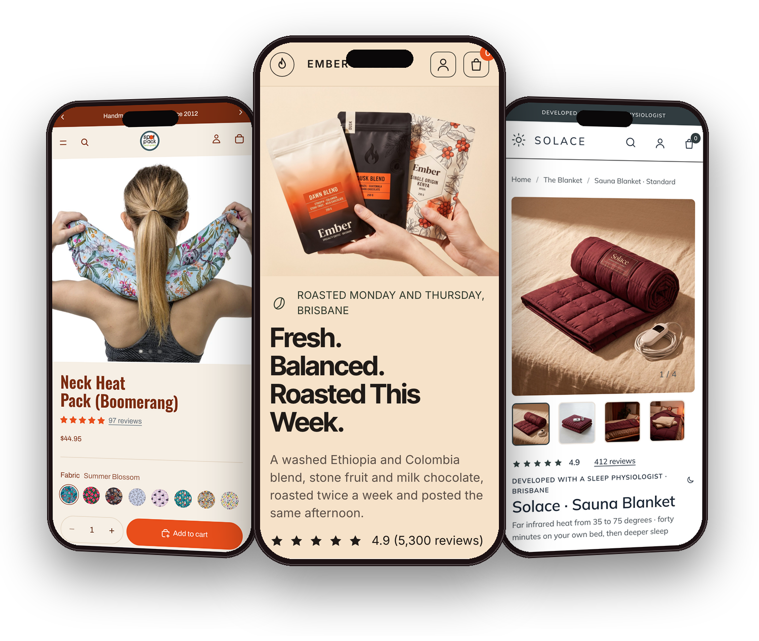 Product pages built by Cartwright for SpotPack, Ember and Solace, on phones