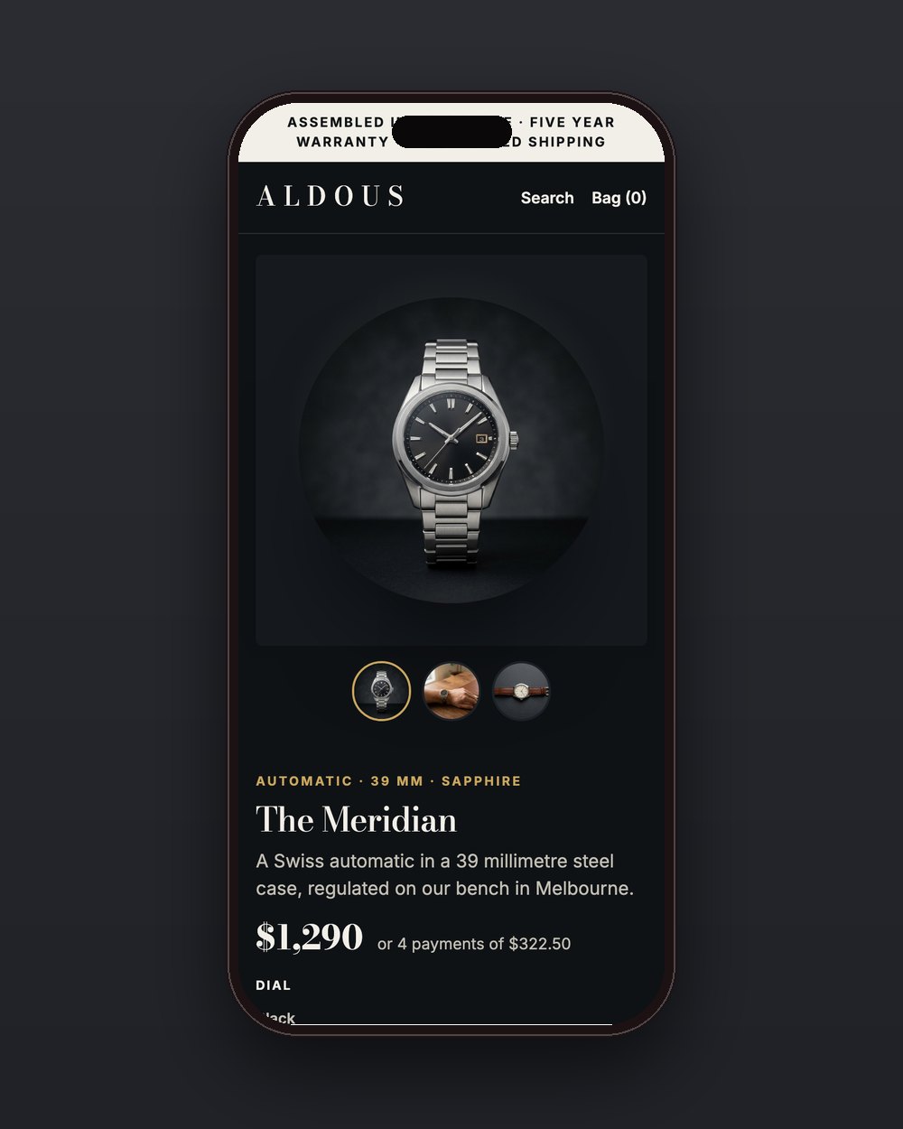 Aldous product page on a phone