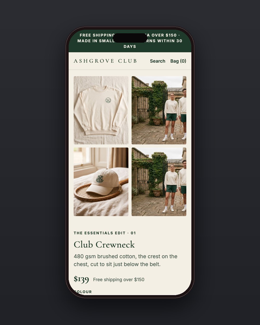 Ashgrove Club product page on a phone
