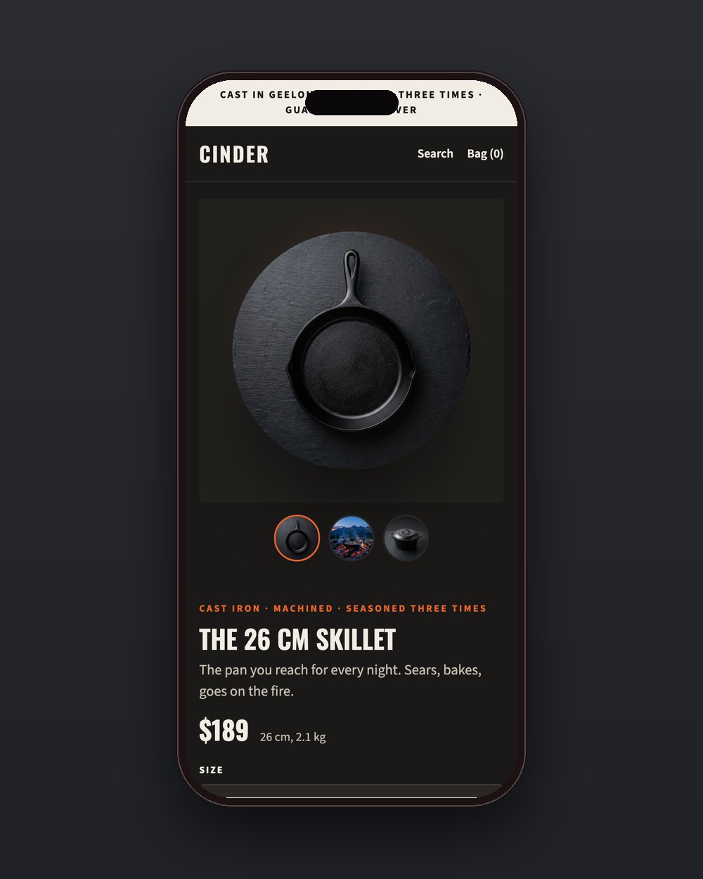 Cinder product page on a phone