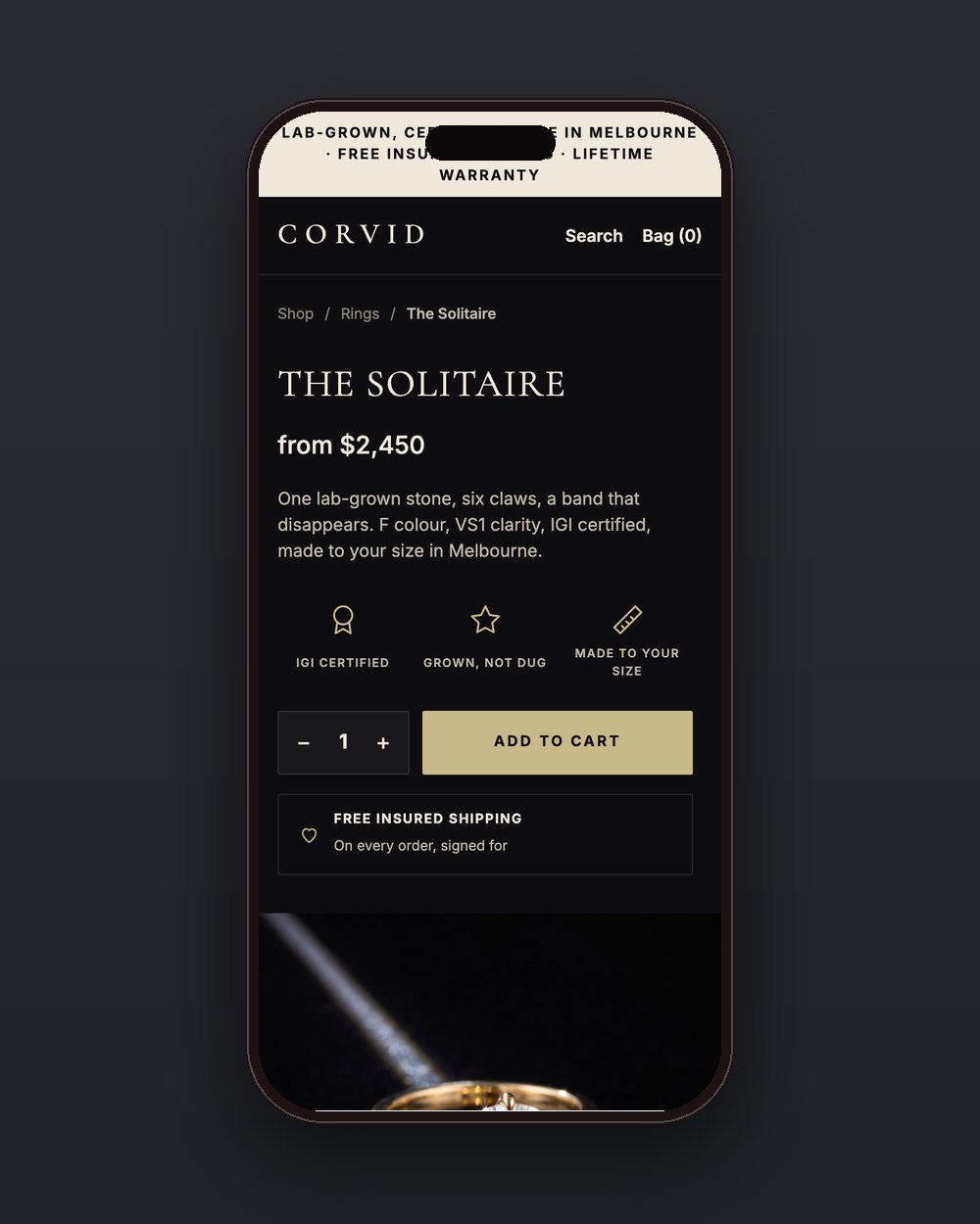 Corvid product page on a phone