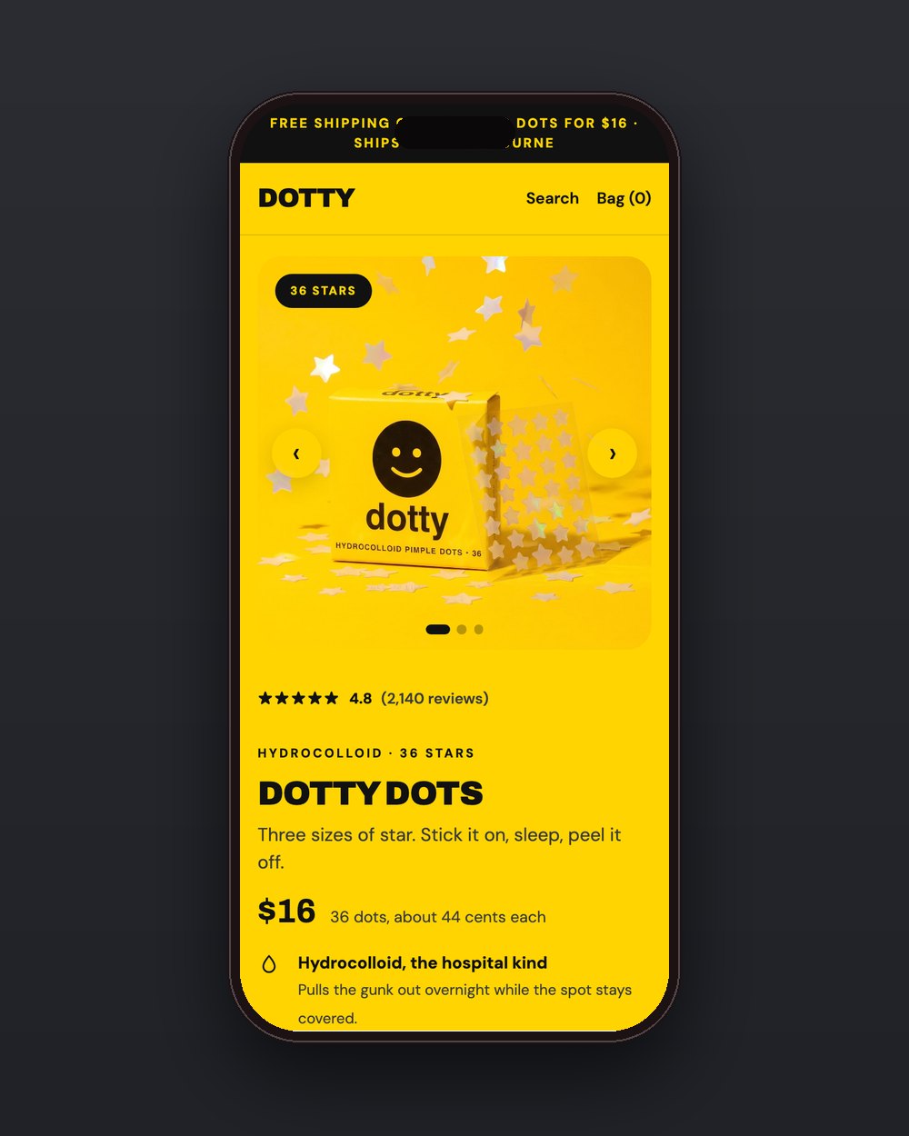 dotty product page on a phone