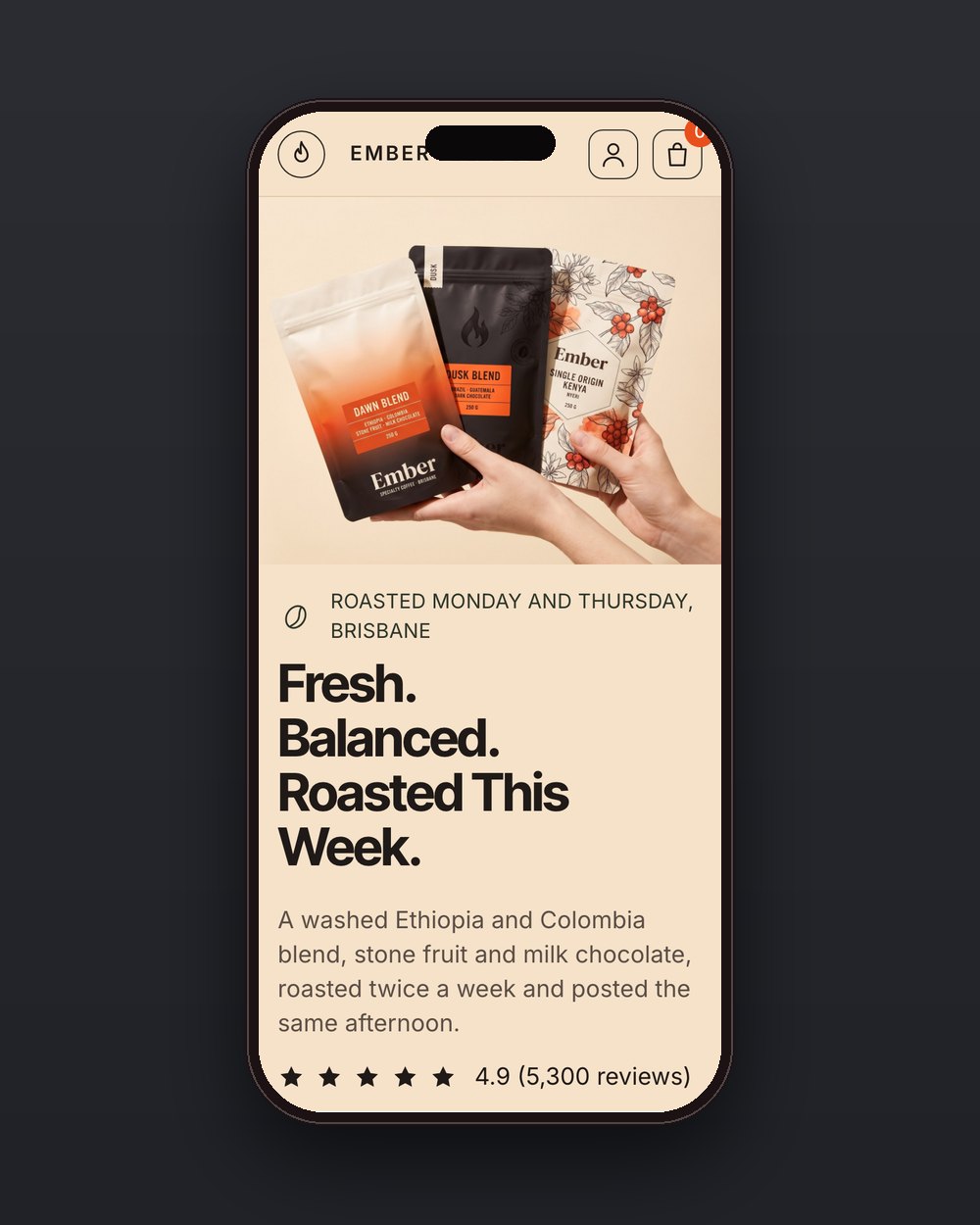 Ember product page on a phone