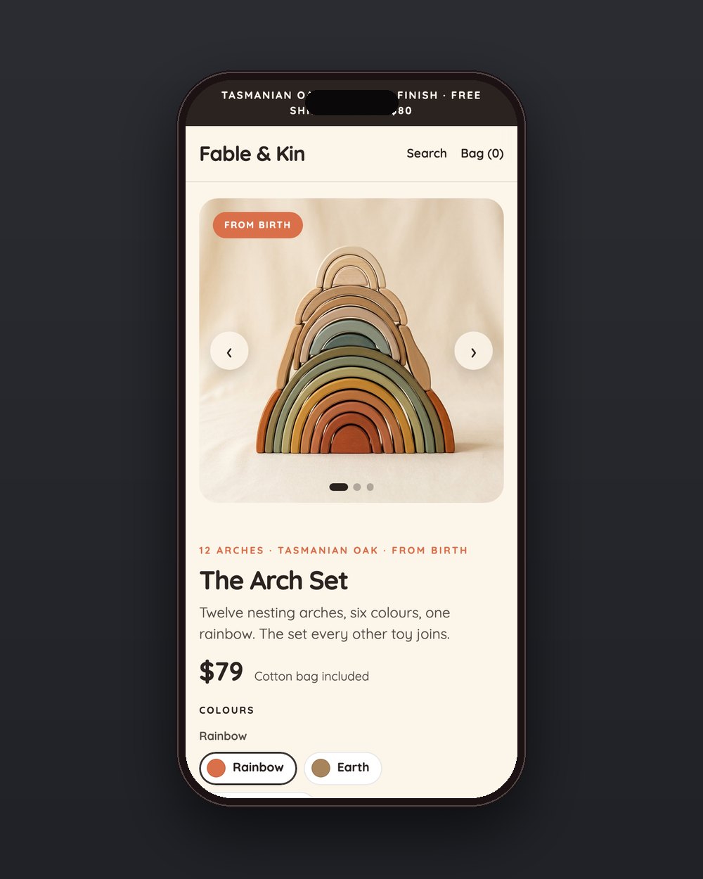 Fable & Kin product page on a phone
