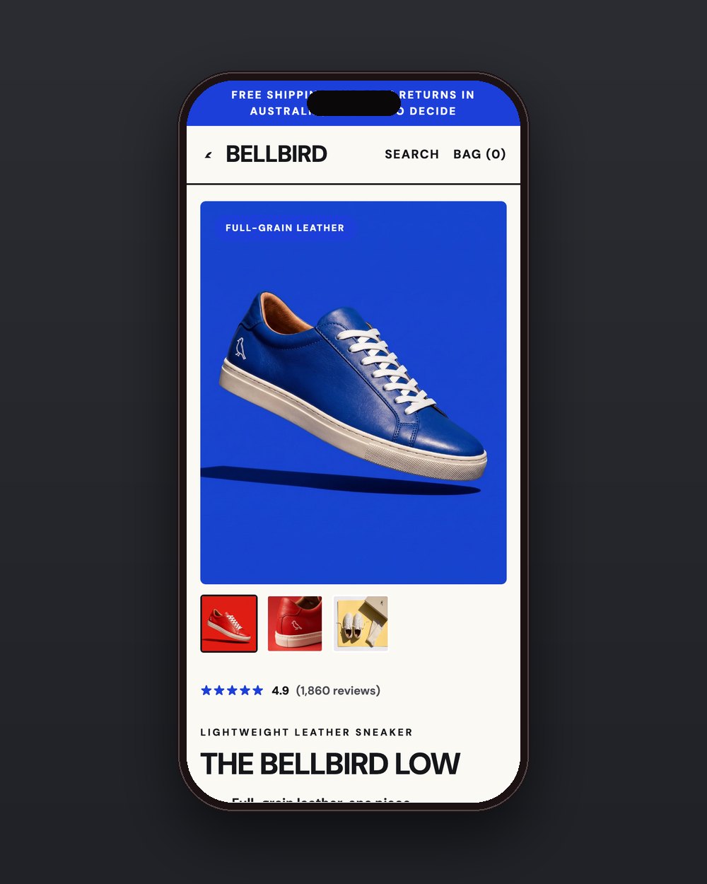 Bellbird product page on a phone