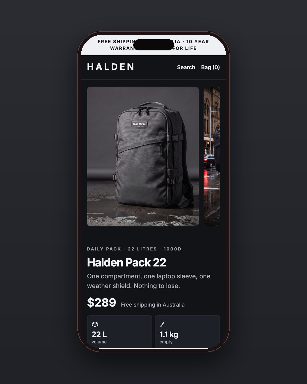 Halden product page on a phone