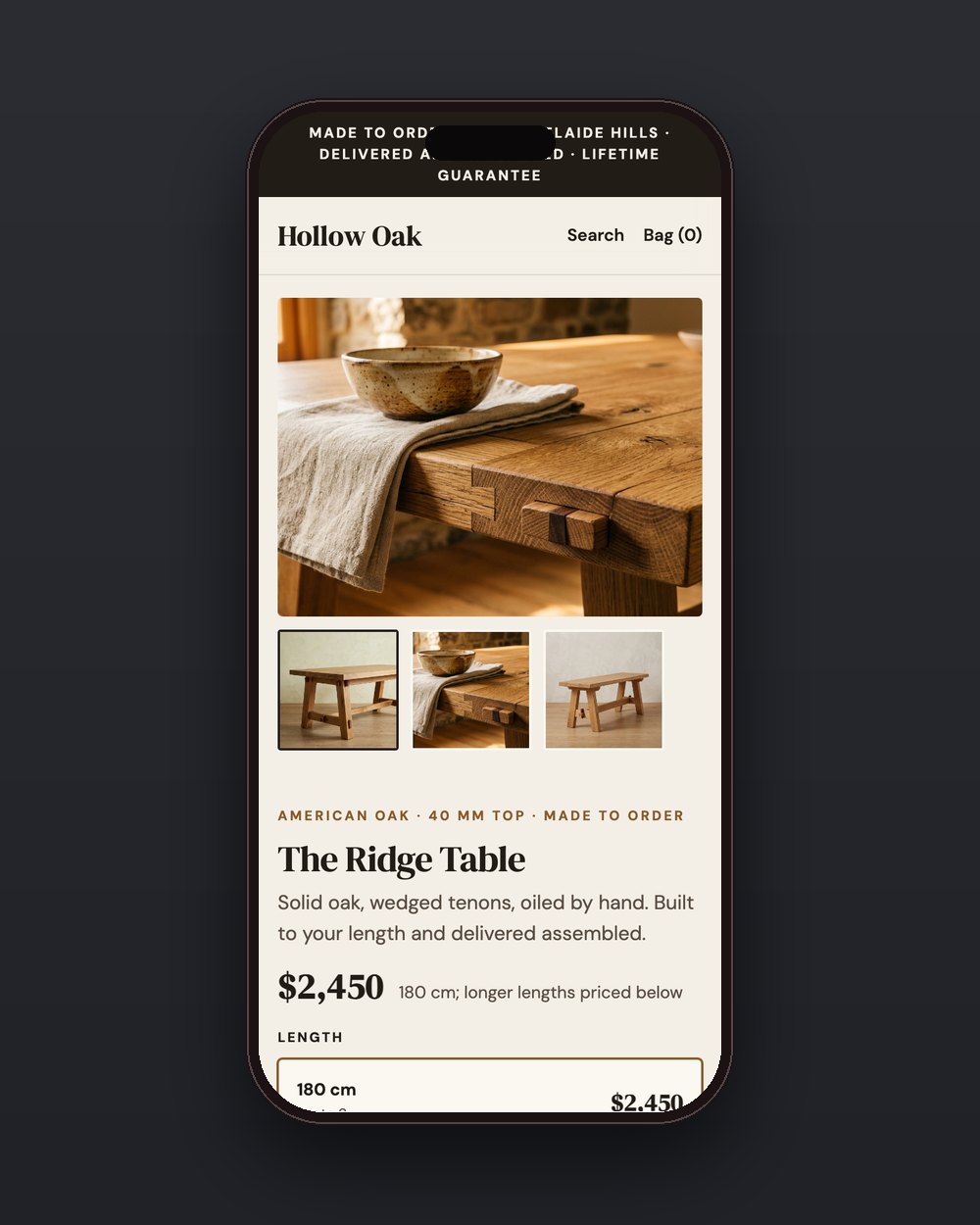 Hollow Oak product page on a phone