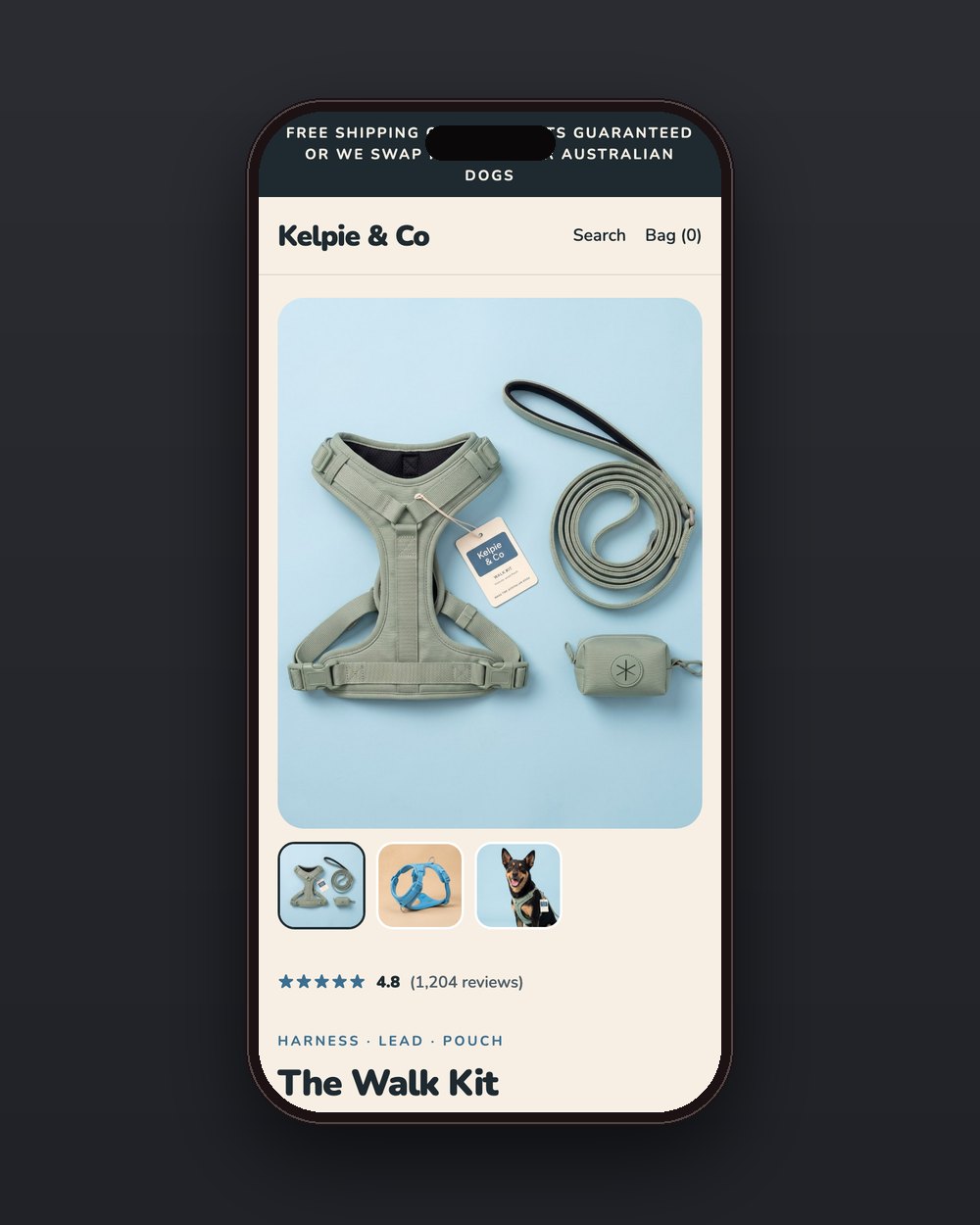 Kelpie & Co product page on a phone