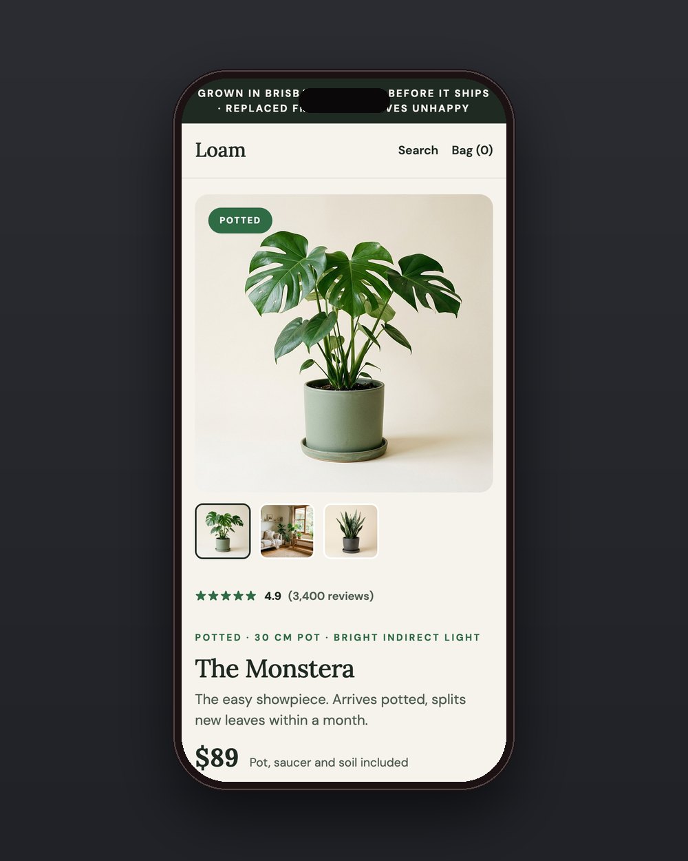 Loam product page on a phone