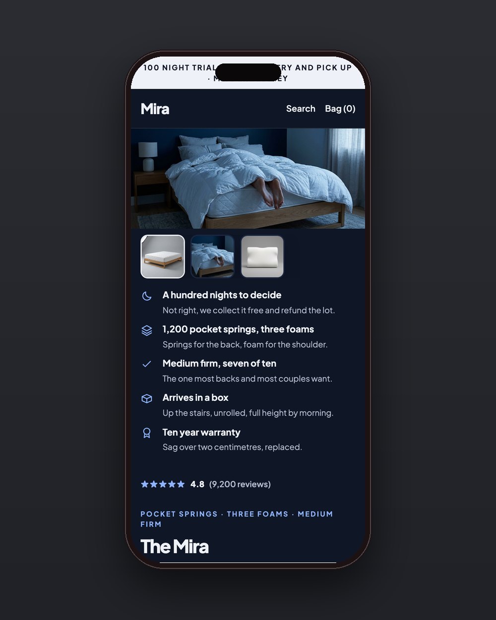 Mira product page on a phone