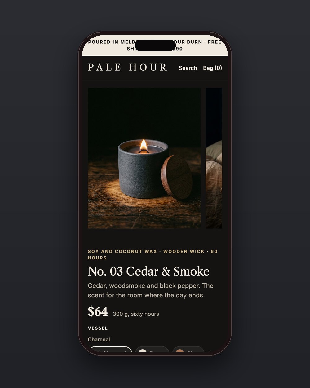 Pale Hour product page on a phone