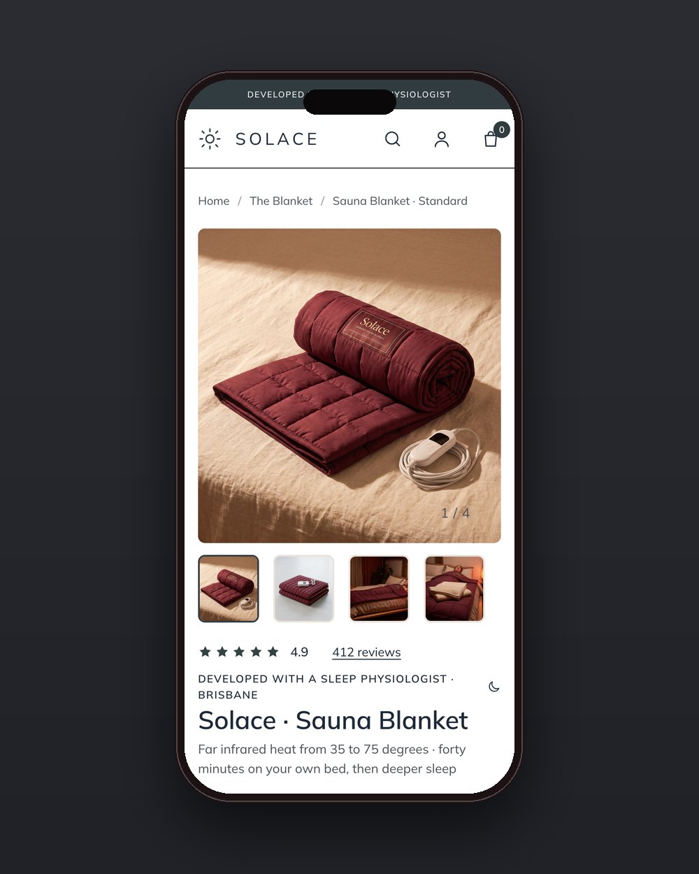 Solace product page on a phone